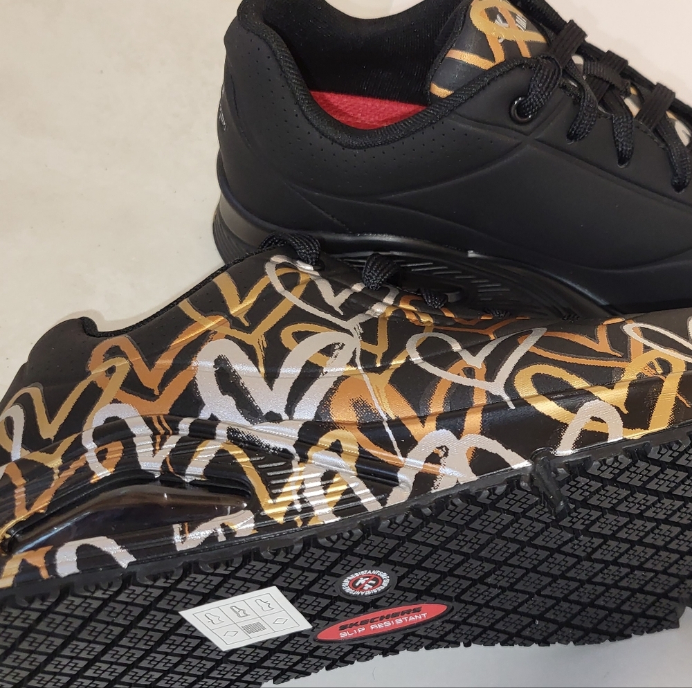 Black and Gold Composite toe Slip-proof Skecher Sneakers with Heart Design